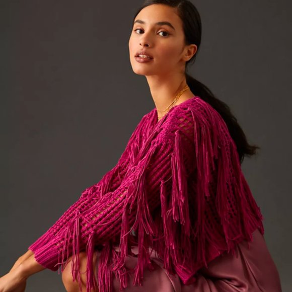 NWT By Anthropologie Cropped Fringe Kimono Sweater - Picture 3 of 3